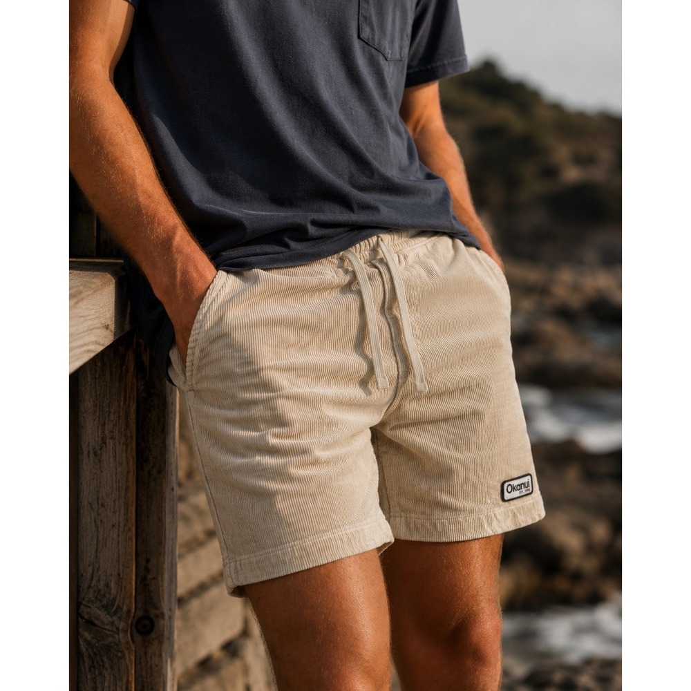Okanui Australia Corduroy Shorts Mens M Cream $86 Retail Stretch Drawstring